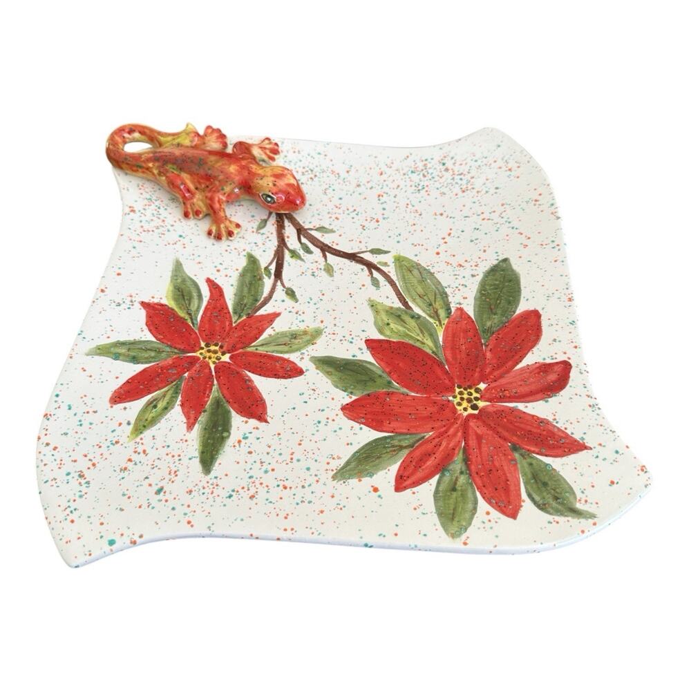 Vintage Handmade Serving Plate Poinsettia And 3D Lizard Design Speckled Signed